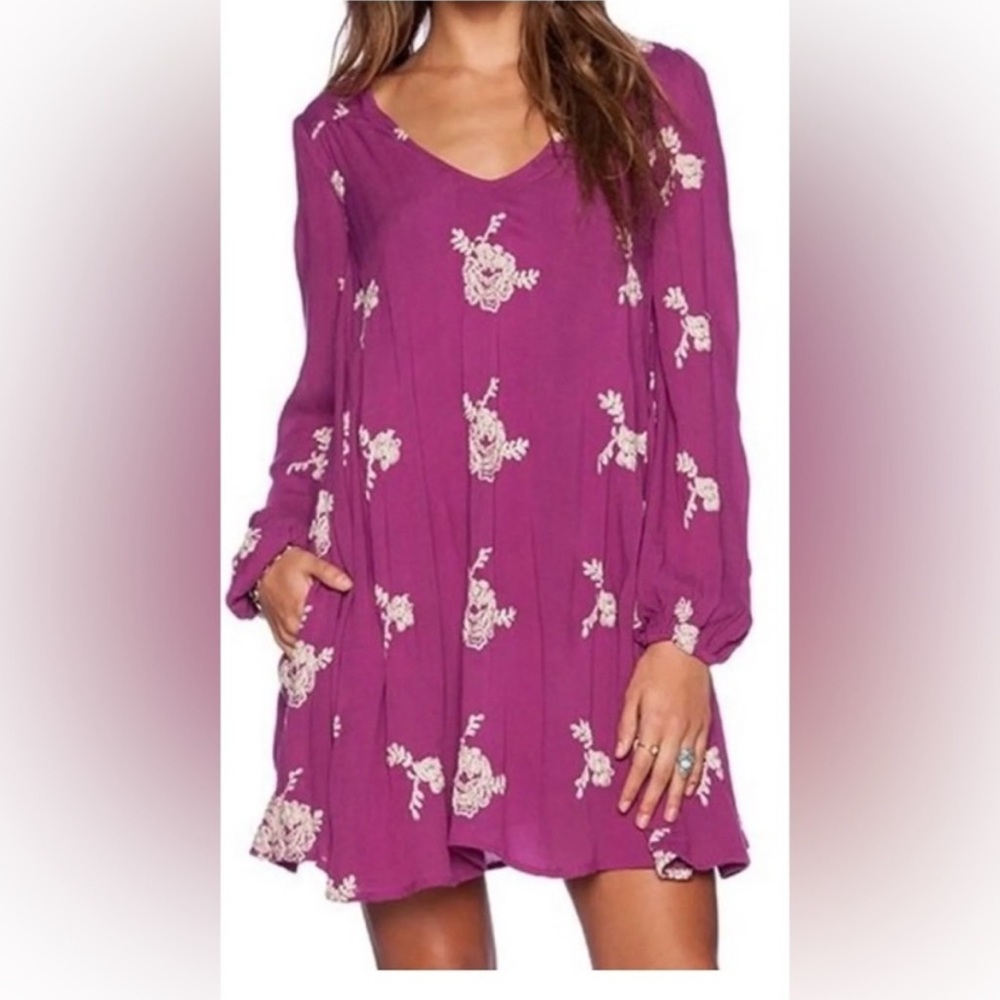 Free People Embroidered Tunic Dress in Berry Purple